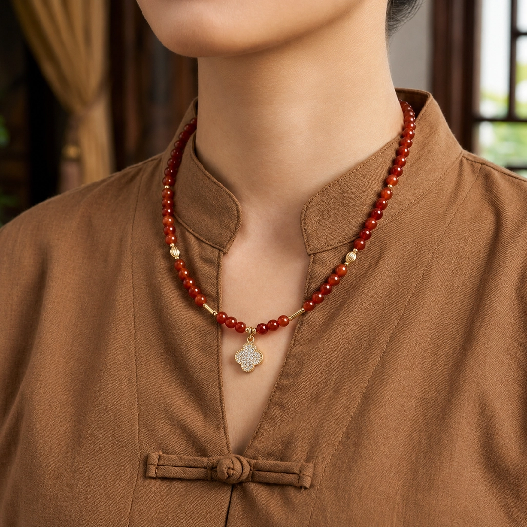 Vòng Cổ Mã Não Đỏ (Phối Charm Cỏ 4 Lá) - Ảnh 3