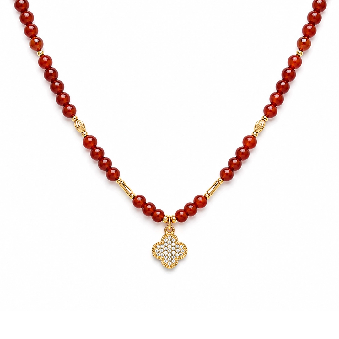 Vòng Cổ Mã Não Đỏ (Phối Charm Cỏ 4 Lá)