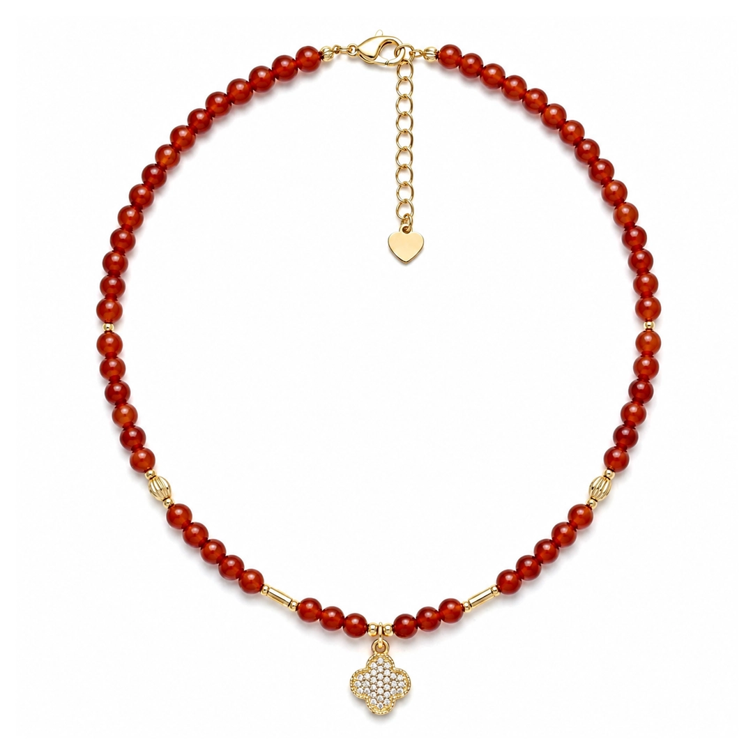 Vòng Cổ Mã Não Đỏ (Phối Charm Cỏ 4 Lá) - Ảnh 2