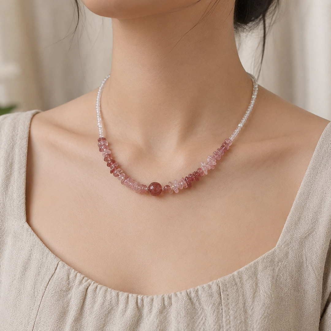 Vòng Cổ Thạch Anh Trắng Cắt Giác (Phối Đá Vụn Dâu Hồng) - Ảnh 3