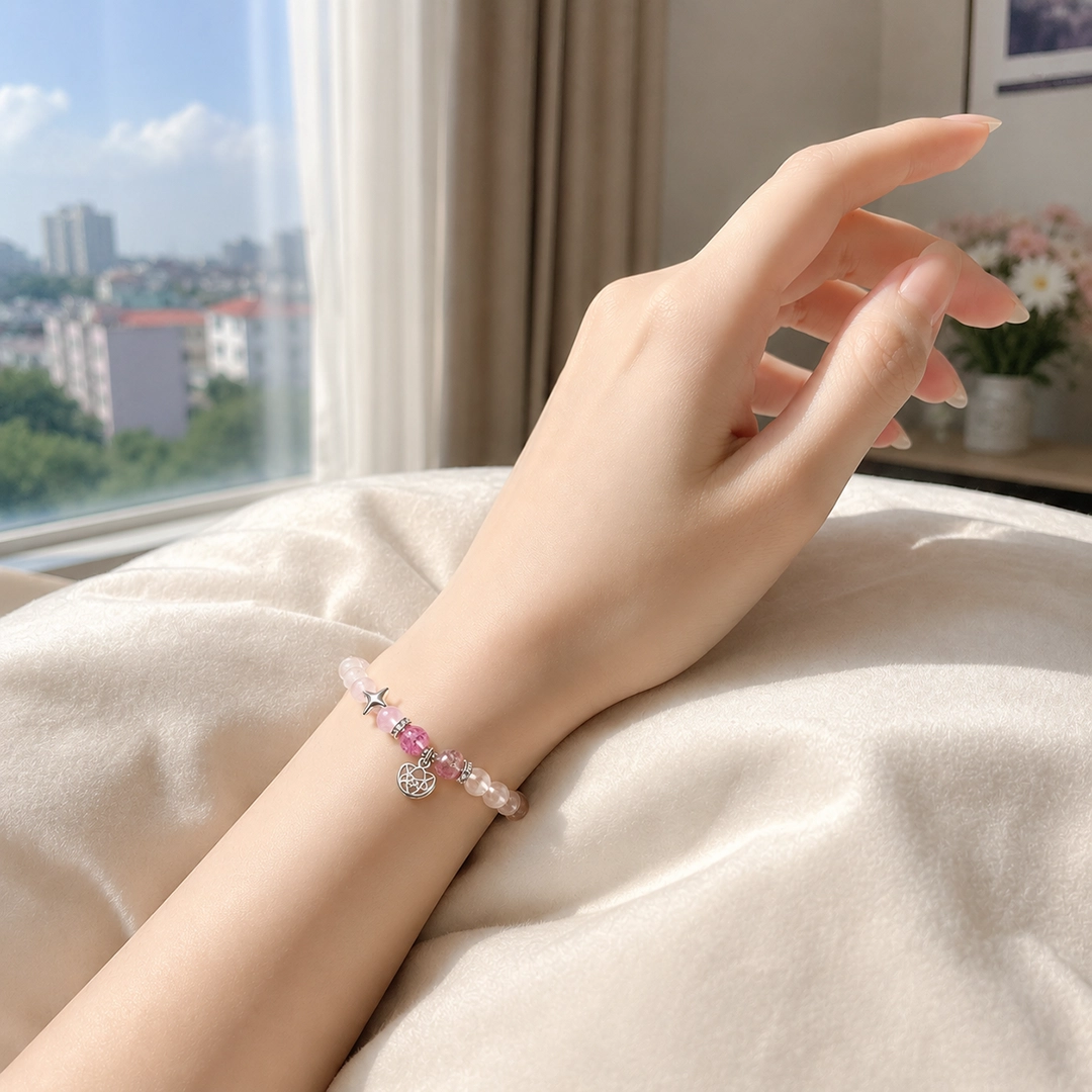 Vòng Tay Thạch Anh hồng (Phối Thạch Anh Hồng Dâu, Charm Khánh Bình An) - Ảnh 3