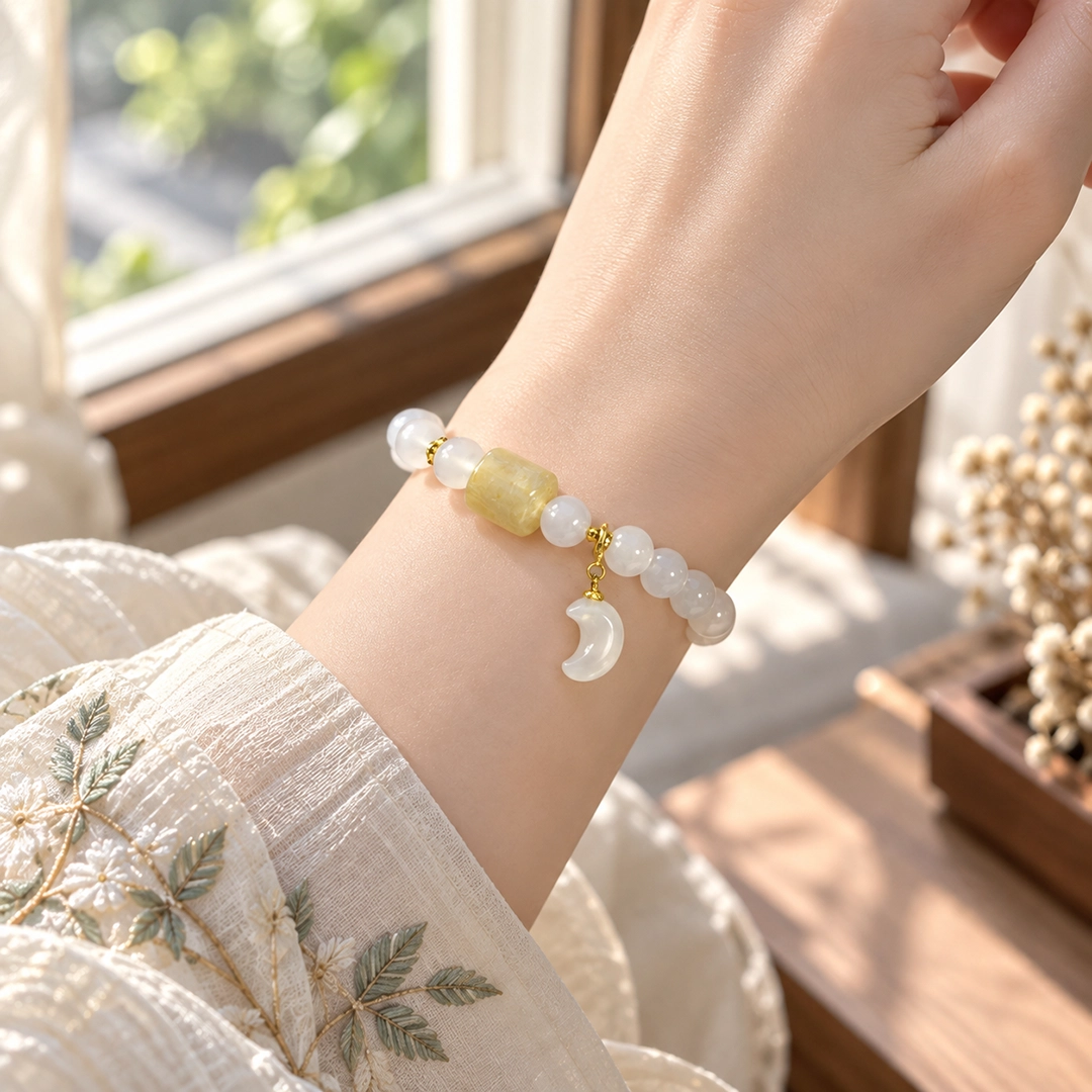 Vòng Tay Mã Não Trắng (Phối Lu Thạch Anh Tóc Vàng, Charm Trăng) - Ảnh 3
